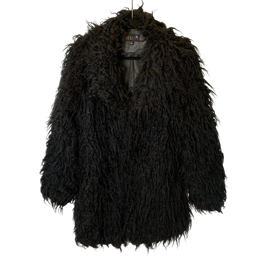 dELiA*s Faux Fur Coat Women L Black Shaggy Mongolian Dolls Kill Goth Grunge Y2K